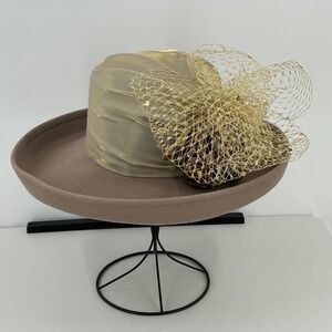 Whittall & Shon Vintage Wool Felt Dress Hat Gold Metallic Mesh Bow Taupe USA‎